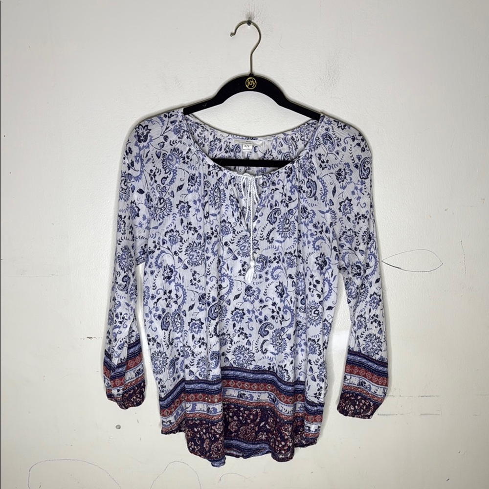 BLL New York Floral Print Women's Top - Blue and White w/ Beaded Detail Small